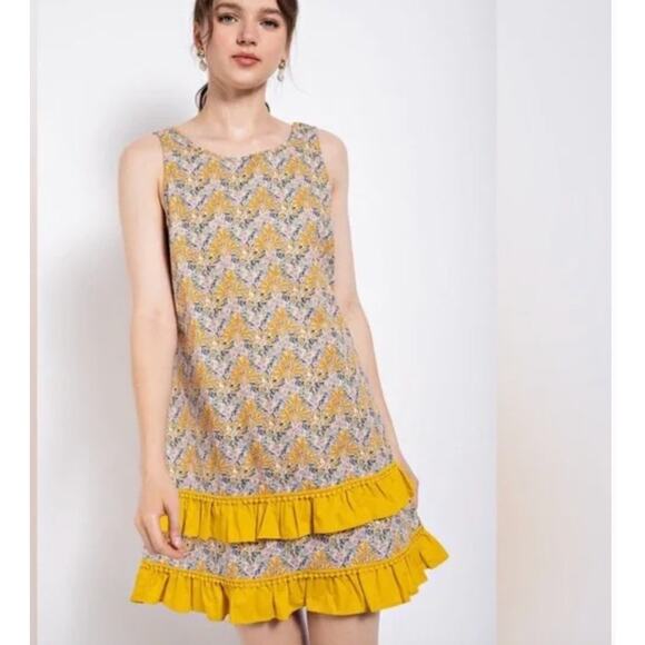 Gigio USA Mustard Yellow Sleeveless Ruffle A-Line Dress Fall Layering Size L - Picture 1 of 11